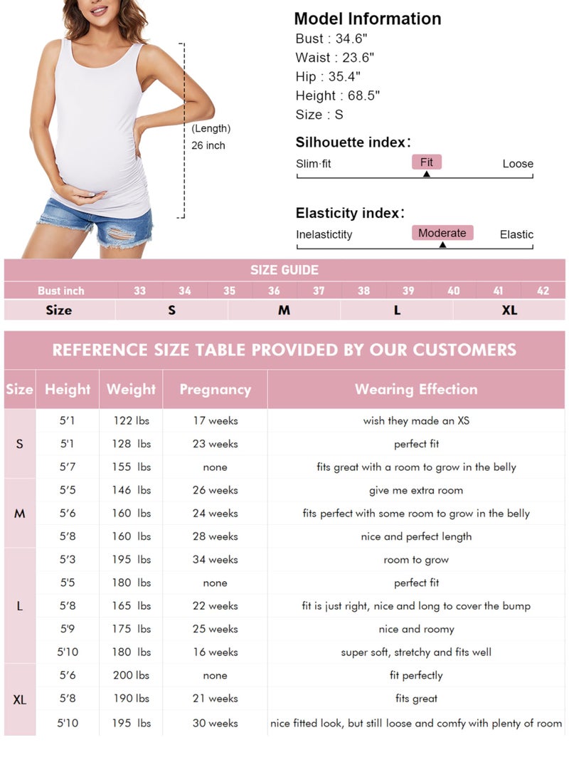 Ecavus 3PCS Womens Layering Maternity Tank Top Pregnancy Shirt Scoop Neck Sleeveless Ruched Vest (L, Black/White/Grey) - Image 3